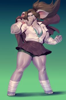 1girl absurdres animal_ears bike_shorts bike_shorts_under_skirt black_jacket black_skirt blue_eyes bra breasts brown_hair cleavage clenched_hand colored_skin elephant_ears elephant_girl full_body furry furry_female gradient_background green_background green_bra green_shorts grey_skin highres holding_unworn_jacket jacket jacket_over_shoulder large_breasts long_hair miniskirt ocorvo_r open_clothes open_shirt original pleated_skirt proboscis shirt shorts skirt solo standing underwear unworn_jacket white_shirt