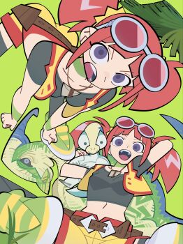 Rule 34 | 1girl, arm behind head, arm up, belt, black shirt, blue eyes, boots, breasts, brown belt, crocodilian, crop top, dinosaur, dinosaur king, eyewear on head, goggles, goggles on head, green background, highres, jewelry, lizard, looking at viewer, midriff, multiple views, navel, necklace, open clothes, open mouth, open vest, orange hair, paris (dinosaur king), pink-tinted eyewear, purple eyes, red-tinted eyewear, red hair, shirt, short twintails, shorts, simple background, smile, spread legs, sunglasses, tatsuno malm, teeth, tinted eyewear, tongue, turtle, twintails, upper teeth only, vest, yaya hiyayaka, yellow shorts, yellow vest