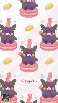 Rule 34 | blush stickers, character name, food, food on head, gen 8 pokemon, highres, holding, holding food, looking at viewer, macaron, meme (sleepsheep), morpeko, morpeko (hangry), nintendo, no humans, object on head, open mouth, pokemon, pokemon (creature), pokemon focus, red eyes, sitting, teeth