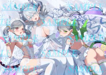 3girls alternate_costume ariane_the_labrynth_servant arianna_the_labrynth_servant ass bare_shoulders blush breasts bridal_lingerie cleavage commentary_request cowboy_shot crown demon_girl demon_horns demon_wings drill_hair duel_monster garter_straps green_eyes grey_eyes grey_hair hair_between_eyes highres horns hsin large_breasts lingerie looking_at_viewer lovely_labrynth_of_the_silver_castle medium_breasts multiple_girls open_mouth pointy_ears red_eyes sample_watermark sideboob thighhighs twin_drills underwear watermark wings yu-gi-oh!