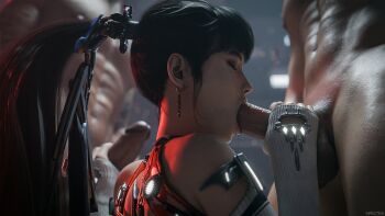 1girl 2boys 3d abs black_hair blender_(medium) closed_eyes commentary detached_sleeves earrings english_commentary erection eve_(stellar_blade) fellatio ffm_threesome group_sex hair_ornament handjob highres jewelry long_hair multiple_boys muscular muscular_male oral penis ponytail spectra_3d stellar_blade threesome