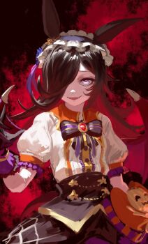 1girl animal_ears black_hair black_skirt bow fangs hair_over_one_eye hairband highres horse_ears horse_girl inishie_kumo lolita_hairband long_hair looking_at_viewer open_mouth purple_bow purple_eyes purple_hairband rice_shower_(make_up_vampire!)_(umamusume) rice_shower_(umamusume) shirt skin_fangs skirt solo umamusume white_shirt