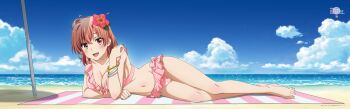 Rule 34 | 1girl, :d, absurdres, bare arms, bare legs, beach, beach towel, beach umbrella, bikini, blue sky, blush, bracelet, breasts, cleavage, cloud, collarbone, dakimakura (medium), day, flower, frilled bikini, frills, full body, hair between eyes, hair bun, hair flower, hair ornament, hibiscus, highres, horizon, jewelry, large breasts, looking at viewer, medium hair, navel, ocean, official art, open mouth, orange hair, outdoors, pink bikini, polka dot, polka dot bikini, red eyes, red flower, sky, smile, solo, swimsuit, thighs, towel, umbrella, yahari ore no seishun lovecome wa machigatteiru., yuigahama yui