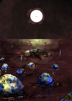 1boy absurdres black_pants black_shirt bleeding blonde_hair blood blood_in_water blood_on_clothes blue_flower blue_rose brown_sky death english_text floating flower full_moon ghetsis_(pokemon) highres horizon lying male_focus moon night nintendo ocean on_back outdoors pants partially_submerged pokemon pokemon_bw2 pool_of_blood red_sky rose shirt sky yamikumo_yami