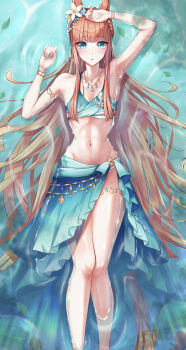 1girl absurdres animal_ears aqua_bikini aqua_sarong armlet bare_shoulders bikini blue_eyes blue_sarong blunt_bangs blush bracelet braid breasts crown_braid ear_flower flower gradient_bikini gradient_sarong hair_ornament highres horse_ears horse_girl horse_tail jewelry long_hair looking_at_viewer lying navel nazimi_(sickly7) necklace ocean official_alternate_costume official_alternate_hairstyle on_back open_mouth orange_hair parted_lips partially_submerged sarong silence_suzuka_(emerald_on_the_waves)_(umamusume) silence_suzuka_(umamusume) small_breasts solo swimsuit tail thighlet umamusume water