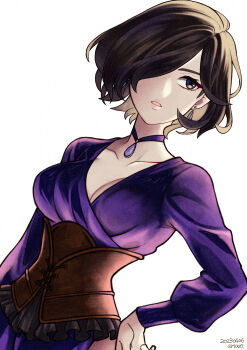 1girl absurdres ariazi breasts brown_eyes brown_hair collarbone commentary_request dated hair_over_one_eye hand_on_own_hip highres large_breasts octopath_traveler octopath_traveler_ii short_hair simple_background solo standing throne_anguis upper_body white_background