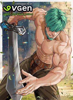 1boy abs aged_up alternate_muscle_size bara beard commission facial_hair fire_emblem fire_emblem:_the_blazing_blade green_hair hair_over_eyes hashtag-only_commentary highres holding holding_sword holding_weapon ichisan large_pectorals lowen_(fire_emblem) male_focus multiple_scars muscular muscular_male navel nintendo nipples outdoors parted_lips pectorals scar scar_on_arm short_hair solo sword topless_male vgen_commission vgen_logo vgen_username weapon