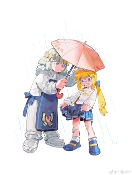 1boy 1girl apron apymian artoria_caster_(fate) artoria_pendragon_(fate) blonde_hair blue_apron blue_shoes blue_skirt bow cape chinese_commentary commentary_request dragonfly_wings fate/grand_order fate_(series) flip-flops fur-trimmed_jacket fur_trim grey_hair hair_bow headpat highres holding holding_umbrella jacket looking_down oberon_(fate) pants rain sandals shirt shoes skirt slippers sweater tearing_up umbrella watermark weibo_watermark wet wet_clothes wet_skirt white_background white_pants white_slippers white_sweater