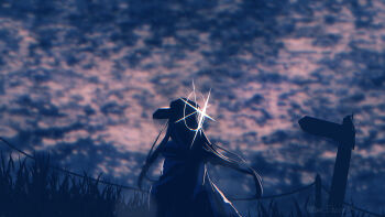 1girl baseball_cap blue_archive coat commentary from_side halo hat highres kani_etizen03 long_hair saori_(blue_archive) scenery solo