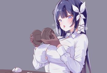 1girl absurdres asmr binaural_microphone blue_eyes blush breasts brown_gloves button_gap commentary computer_mouse double-parted_bangs english_commentary gloves grey_background hair_ribbon heavy_breathing highres holding holding_microphone indie_virtual_youtuber large_breasts long_hair long_sleeves looking_at_viewer microphone mimyo_(vtuber) open_mouth rapid17 ribbon saliva saliva_trail shirt simple_background solo taut_clothes taut_shirt textless_version tongue tongue_out upper_body virtual_youtuber white_ribbon white_shirt