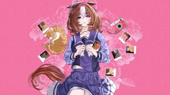 1girl absurdres admire_vega_(umamusume) air_shakur_(umamusume) animal_ears bow bowtie brown_hair brown_tail camera cat commentary_request crown ear_covers floral_background hair_between_eyes haru_urara_(umamusume) higeji_(higeji404) highres horse_ears horse_girl horse_tail long_sleeves lying matikanefukukitaru_(umamusume) medium_hair meisho_doto_(umamusume) meto_(cat) midriff_peek mini_crown narita_top_road_(umamusume) on_back orange_cat pink_background polaroid_photo purple_bow purple_bowtie purple_eyes purple_shirt purple_skirt school_uniform shirt skirt t.m._opera_o_(umamusume) taiki_shuttle_(umamusume) tail tracen_school_uniform umamusume white_streaks