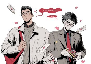 2boys arcane:_league_of_legends arcane_jayce bag bespectacled black-framed_eyewear black_shirt blush brown_eyes brown_hair cable_knit closed_mouth collared_jacket collared_shirt colored_speech_bubble commentary cs919 english_text glasses grey_jacket grey_sweater heart highres holding jacket jayce_(league_of_legends) league_of_legends letter long_sleeves love_letter male_focus multiple_boys necktie open_clothes open_jacket parted_hair red_bag red_necktie shirt short_hair shoulder_bag speech_bubble sweater upper_body viktor_(arcane) viktor_(league_of_legends) white_background white_jacket wing_collar yaoi