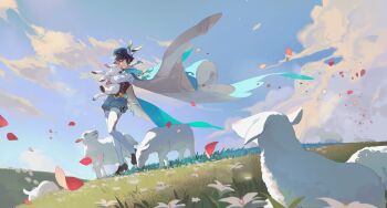 1boy absurdres animal argyle_clothes argyle_pantyhose baby_animal beret black_hair braid cape closed_eyes cloud cloudy_sky collared_cape corset cuddling falling_petals flower fridaynightcat genshin_impact grass green_cape green_hat green_shorts hat hat_flower highres hug lamb long_sleeves male_focus outdoors pantyhose petals sheep short_hair shorts side_braid sky smile solo venti_(genshin_impact) vision_(genshin_impact) white_flower white_pantyhose wind wind_lift