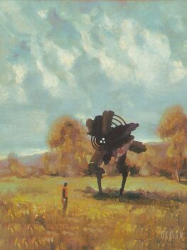 1boy 1other blue_sky cloud cloudy_sky dark-skinned_male dark_skin dkaism grass holding looking_at_object machine mountainous_horizon orange_shirt original painterly shadow shirt size_difference sky tree wire