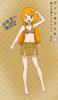 1girl absurdres arm_at_side armpits barefoot bikini bikini_skirt breasts brown_background brown_bikini character_name collarbone eyelashes fankifalu feet female_focus full_body green_eyes hand_up happy highres japanese_text knees legs long_hair looking_at_viewer midriff navel nintendo open_hand open_mouth orange_hair original pokemon salute sidelocks small_breasts standing swept_bangs swimsuit toes