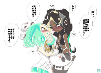Rule 34 | dark-skinned female, dark skin, green eyebrows, green pantyhose, interlocked fingers, marina (splatoon), namuro, nintendo, pantyhose, pearl (splatoon), splatfest, splatoon (series), splatoon 2, white background, yuri