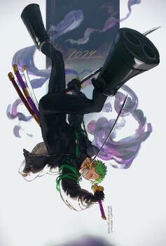 1boy absurdres black_bodysuit black_coat bodysuit boots coat commentary_request dual_wielding green_hair highres holding male_focus mouth_hold one_piece plytometo roronoa_zoro smoke solo sword sword_in_mouth teeth_hold upside-down weapon white_background
