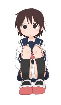 1girl :< black_socks blue_sailor_collar blue_skirt blush brown_eyes brown_hair cameltoe closed_mouth female_focus full_body hands_on_own_knees kneehighs kude_rei_(ponnu_(tnpn2yw)) long_sleeves looking_afar matching_hair/eyes miniskirt neckerchief original panties pleated_skirt ponnu_(tnpn2yw) red_neckerchief red_shoes sailor_collar shirt shoes short_hair sidelocks simple_background skirt socks solo squatting underwear upskirt white_background white_panties white_shirt wide-eyed
