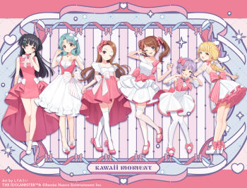 1boy 5girls artist_name black_hair blonde_hair bow braid brown_eyes brown_hair closed_mouth company_name copyright_name copyright_notice crossdressing crossdressing_(mtf) dress fujita_kotone gakuen_idolmaster green_eyes green_hair hair_bow hashtag-only_commentary high_heels highres idolmaster idolmaster_(classic) idolmaster_cinderella_girls idolmaster_million_live! idolmaster_shiny_colors idolmaster_side-m koshimizu_sachiko long_hair looking_at_viewer mayuzumi_fuyuko minase_iori mizushima_saki multiple_girls one_eye_closed open_mouth pink_bow pink_dress pink_shoes purple_hair shigure_ui shoes smile standing thighhighs tokugawa_matsuri trap twintails two_side_up w white_dress white_shoes white_thighhighs