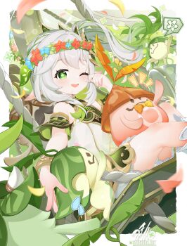 1girl absurdres ankura bare_shoulders bloomers blue_flower blush bracelet commentary dated detached_sleeves dress feet_out_of_frame flower genshin_impact gradient_hair green_eyes green_hair green_sleeves hair_ornament hand_up highres jewelry leaf_hair_ornament long_hair looking_at_viewer making-of_available multicolored_hair nahida_(genshin_impact) on_swing one_eye_covered open_mouth pointy_ears red_flower side_ponytail signature sitting sleeveless sleeveless_dress solo star-shaped_pupils star_(symbol) swing symbol-shaped_pupils teeth underwear upper_teeth_only white_bloomers white_dress white_hair