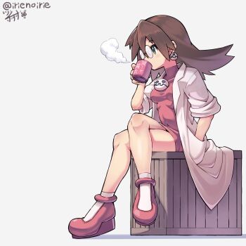 absurdres bare_legs box breasts brown_hair coat covered_navel cup dress drinking earrings glasses green_eyes highres irie_keisuke_(handn) jewelry lab_coat long_hair medium_breasts mega_man_(series) mega_man_legends_(series) mug navel on_box pink_dress pink_shoes shoes simple_background sitting sitting_on_box sitting_on_object tight_clothes tight_dress tron_bonne_(mega_man) twitter_username white_background white_coat wooden_box