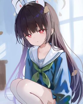 1girl animal_ears black_hair blue_archive blue_shirt closed_mouth fake_animal_ears green_neckerchief halo highres leaf long_hair long_sleeves looking_at_another miyu_(blue_archive) neckerchief pantyhose rabbit_ears red_eyes sailor_collar school_uniform serafuku shirt sidelocks solo squatting white_pantyhose white_sailor_collar white_serafuku yuuca