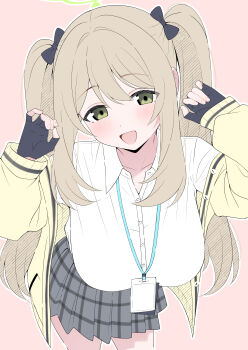 1girl :d absurdres alternate_hairstyle black_bow black_gloves black_skirt blue_archive bow breasts brown_hair cardigan collarbone collared_shirt cowboy_shot fingerless_gloves gloves green_eyes green_halo hair_bow halo highres lanyard large_breasts leaning_forward long_hair looking_at_viewer miniskirt mistel_(sukebemistel) nonomi_(blue_archive) open_cardigan open_clothes open_mouth pink_background plaid_clothes plaid_skirt pleated_skirt shirt skirt smile solo twintails white_shirt yellow_cardigan