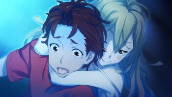 1boy 1girl ahoge asphyxiation assertive_female bags_under_eyes blonde_hair blue_theme blush breasts breathplay brown_eyes choke_hold dim_lighting fukuda_tomonori game_cg hair_down highres hug koujiro_frau light_blush looking_at_another loungewear messy_hair narrowed_eyes naughty_face non-web_source official_art open_mouth parted_lips rear_naked_choke red_eyes red_hair red_shirt robotics;notes science_adventure shirt short_sleeves smile smug strangling strap_pull t-shirt tearing_up tears tongue tongue_out yashio_kaito