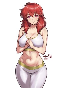 1girl absurdres artist_name bare_arms bare_shoulders breasts cleavage commission fire_emblem fire_emblem:_mystery_of_the_emblem fire_emblem:_shadow_dragon_and_the_blade_of_light highres ko-fi_commission lena_(fire_emblem) looking_at_viewer nintendo own_hands_together pants red_eyes red_hair rotomdocs smile solo sports_bra white_pants white_sports_bra yoga_pants