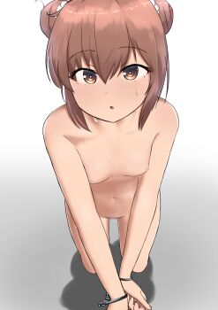 1girl absurdres blush bound bound_wrists breasts brown_eyes brown_hair collarbone commentary_request completely_nude cuffs double_bun from_above full_body gradient_background grey_background hair_between_eyes hair_bun handcuffs haruno_plum highres kantai_collection kneeling looking_at_viewer medium_hair navel nipples nude open_mouth shadow sidelocks small_breasts solo stomach sweat tan_yang_(kancolle) thighs yukikaze_(kancolle)
