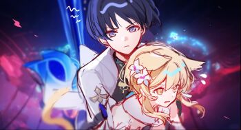1boy 1girl animal_ears black_bodysuit black_hair blonde_hair blue_halo blunt_ends blurry blurry_background bodysuit carrying carrying_person cat_ears cat_girl cat_tail choppy_bangs closed_mouth commentary_request eyeliner feather_hair_ornament feathers flower flying furisode game_screenshot_background genshin_impact hair_flower hair_ornament halo halo_behind_head halterneck highres hoxino hug hug_from_behind japanese_clothes kimono looking_at_viewer looking_to_the_side lumine_(genshin_impact) makeup open_mouth purple_eyes red_eyeliner scaramouche_(genshin_impact) scarf scene_reference screenshot_background short_hair short_hair_with_long_locks short_sleeves sidelocks sketch spoilers tail tsurime wanderer_(genshin_impact) white_feathers white_scarf white_sleeves yellow_eyes