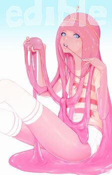 1girl adventure_time cartoon_network colored_skin female_focus hair_in_own_mouth looking_at_viewer m-i-q monster_girl nail_polish pink_skin princess_bonnibel_bubblegum short_shorts shorts sitting slime_girl solo thighhighs tiara