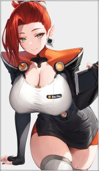 Rule 34 | 1girl, bertha (zenless zone zero), black shrug, black skirt, breasts, check clothing, cleavage, closed mouth, clothing request, commentary, cowboy shot, earrings, green eyes, highres, holding, holding tablet pc, huge breasts, jewelry, kei (soundcross), looking at viewer, mole, mole on breast, mole on thigh, nail polish, orange shorts, pointy ears, red hair, red nails, short hair, shorts, shrug (clothing), skindentation, skirt, smile, solo, tablet pc, thighhighs, thighs, white thighhighs, zenless zone zero
