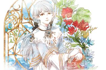 1girl ameliance_leveilleur black_bow blue_flower blue_sky bow closed_mouth cloud commentary_request copyright_name elezen elf final_fantasy final_fantasy_xiv flower grey_hair greyscale hair_bow long_hair long_sleeves low_ponytail monochrome orange_eyes pointy_ears ponytail red_flower ruka_(blueplus84) sky smile solo twitter_username yellow_flower