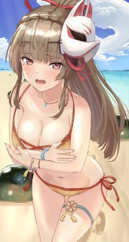 Rule 34 | 1girl, absurdres, beach, bikini, blush, braid, breasts, brown hair, commentary request, covering breasts, covering privates, fox mask, heaven burns red, highres, jewelry, kiryuu miya, kiryuu miya (lured by the sea breeze), large breasts, long hair, mask, mask on head, mole, mole under eye, narby (heaven burns red), necklace, ocean, red eyes, sand, sweatdrop, swimsuit, thigh strap, user hzvh8752