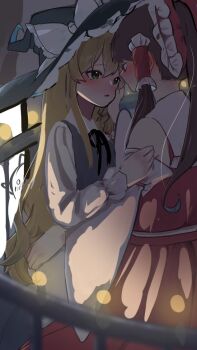 Rule 34 | 2girls, black hat, black vest, blonde hair, blush, bow, braid, brown eyes, brown hair, detached sleeves, eye contact, frilled bow, frilled hair tubes, frills, hair bow, hair tubes, hakurei reimu, hand on another's cheek, hand on another's face, hat, hat bow, kirisame marisa, long hair, looking at another, multiple girls, niru (ka k 0517), open mouth, red bow, red skirt, side braid, single braid, skirt, skirt set, touhou, vest, white bow, witch hat, yellow eyes, yuri