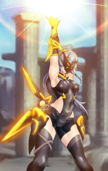 Rule 34 | 1girl, absurdres, arm behind head, arm up, armor, armored collar, armored leotard, armpits, bare shoulders, black armor, black leotard, black mask, black thighhighs, blue sky, blurry, blurry background, breasts, cameltoe, clothing cutout, collarbone, column, covered collarbone, covered erect nipples, covered face, covered groin, covered navel, elbow gloves, feet out of frame, floating hair, fu hua, fu hua (shadow knight), gauntlets, gloves, glowing mask, grey hair, grey leotard, hair ornament, headgear, highres, hip vent, honkai (series), honkai impact 3rd, large variant set, lens flare, leotard, long hair, mask, mechanical wings, medium breasts, multicolored leotard, ningyoushi, open hand, outdoors, outstretched arm, pigeon-toed, pillar, ruins, shiny clothes, side ponytail, sidelocks, single gauntlet, sky, solo, spread fingers, spread legs, standing, thick thighs, thighhighs, thighs, variant set, wings, yellow armor, yellow collar, yellow light