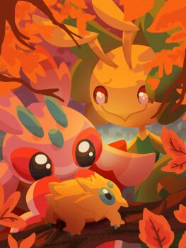 1girl 1other absurdres antennae arthropod_girl arthropod_limbs autumn blue_eyes closed_mouth colored_sclera colored_skin furry furry_female gen_5_pokemon gen_7_pokemon highres joltik leavanny looking_at_another lurantis mantis_girl nintendo no_mouth outdoors pink_eyes pink_skin pokemon pokemon_(creature) praying_mantis red_sclera suspineapple123 white_skin yellow_skin