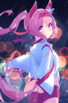 1girl absurdres animal_ears aogumo_nena artist_name bandaid bandaid_on_leg blush bow buruma ear_bow ear_covers flower-shaped_pupils flower_in_eye from_behind gloves hairband haru_urara_(bestest_prize)_(umamusume) haru_urara_(umamusume) headband highres horse_ears horse_girl horse_tail jacket long_hair looking_at_viewer pink_buruma pink_eyes pink_hair pink_headband ponytail red_buruma red_gloves red_headband shirt signature smile solo symbol-shaped_pupils symbol_in_eye tail tears umamusume