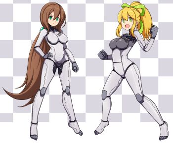 Rule 34 | 1girl, :d, aged up, android, arm behind back, arm up, arms up, blonde hair, blush, bodysuit, breasts, brown hair, checkered background, clenched hands, commentary request, covered navel, fighting stance, full body, green eyes, green ribbon, grey background, hair between eyes, hair ribbon, hand on own hip, highres, hyper roll (marvel vs. capcom), iris (mega man), joints, large breasts, light blush, long hair, looking at viewer, marvel vs. capcom, mechanical arms, mechanical legs, mega man (classic), mega man (series), mega man x (series), mega man x dive, milliani, open mouth, ponytail, ribbon, robot, robot girl, robot joints, roll (mega man), serious, sidelocks, smile, solo