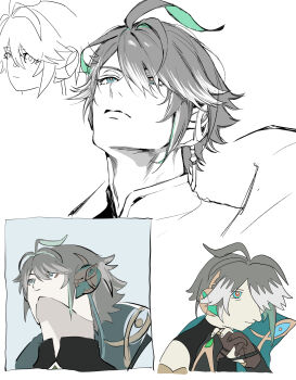 1boy ahoge alhaitham_(genshin_impact) aqua_hair bare_shoulders black_shirt blue_eyes bright_pupils brown_gloves cape closed_mouth commentary diamond-shaped_pupils diamond_(shape) earpiece english_commentary eyeshadow fingernails gem genshin_impact gloves green_cape green_gemstone grey_hair hair_between_eyes hand_up highres hwan_(mob_hwan) lips looking_up makeup male_focus mandarin_collar meme multicolored_hair multiple_views partially_fingerless_gloves red_eyeshadow shirt short_hair simple_background sleeveless sleeveless_shirt symbol-shaped_pupils two-tone_hair upper_body upward_angle_frieren_drawing_(meme) white_background white_pupils