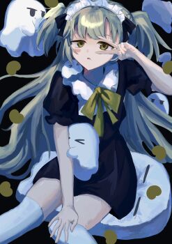 >_< 1girl black_background black_dress black_ribbon blush_stickers brown_hair commentary_request dress ghost hair_ribbon hand_on_own_knee hand_up heart highres holding holding_another's_arm jitome long_hair looking_at_viewer maid maid_headdress original parted_lips puffy_short_sleeves puffy_sleeves ribbon short_sleeves sitting thighhighs two_side_up unino_0u0 v v_over_eye very_long_hair white_thighhighs yellow_eyes yellow_ribbon