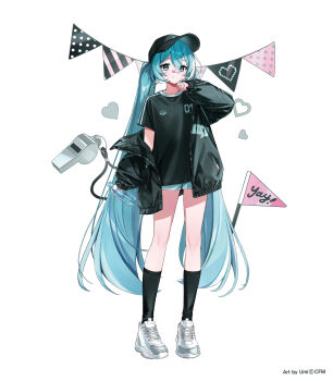 1girl arm_up artist_name bandaid bandaid_on_face bandaid_on_nose baseball_cap black_hat black_jacket black_shirt black_socks blue_eyes blue_hair blue_shorts bottle character_name clothes_writing collarbone commentary_request copyright_notice double-parted_bangs eumi_114 full_body grin hair_between_eyes hat hatsune_miku heart highres holding holding_bottle jacket jacket_partially_removed light_blush long_hair long_sleeves looking_at_viewer official_art open_clothes open_jacket open_mouth pennant puffy_long_sleeves puffy_sleeves raised_eyebrows shirt shoes short_shorts short_sleeves shorts simple_background sleeves_past_wrists smile sneakers socks solo standing string_of_flags very_long_hair vocaloid water_bottle whistle white_background white_shoes zipper