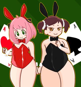 2girls ace_(playing_card) ace_of_hearts ace_of_spades alimexus animal_ears anya_forger becky_blackbell black_dress blush bow bowtie brown_hair card casino cloverworks dress fake_animal_ears female_focus green_eyes hair_ornament heart highres loli multiple_girls necktie orange_eyes pink_hair playboy_bunny playboy_bunny_swimsuit playing_card rabbit_ears red_dress smile spade_(shape) spy_x_family thick_thighs thighs wit_studio