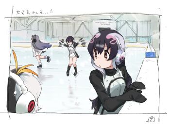 4girls african_penguin_(kemono_friends) afterimage black_hair black_sweater blonde_hair brown_eyes commentary_request dress giant_penguin_(kemono_friends) grey_hair hair_between_eyes headphones humboldt_penguin_(kemono_friends) ice_skates ice_skating kemono_friends kemono_friends_3 long_hair long_sleeves loose_socks mittens multicolored_hair multiple_girls penguin_girl penguin_tail pink_hair pleated_skirt royal_penguin_(kemono_friends) short_hair siberian_shima sidelocks skates skating skirt socks sweater sweater_dress tail turtleneck turtleneck_sweater two-tone_hair two-tone_sweater waving_arms white_hair white_skirt white_sweater