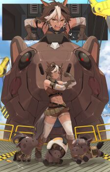 1girl abs absurdres ahoge animal_ears belt blue_sky boots brown_belt brown_boots brown_eyes brown_fur brown_hair brown_shirt brown_shorts brown_tail carrot clenched_hand closed_mouth cloud cloudy_sky commentary english_commentary full_body hair_between_eyes helmet highres horse_ears horse_girl horse_tail indie_virtual_youtuber levnikki mecha navel open_mouth outdoors platform robot shirt shorts sky standing tail teeth thighhighs tomoe_umari tomoe_umari_(1st_costume) umarmy_(tomoe_umari) upper_teeth_only virtual_youtuber white_thighhighs