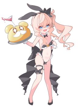1girl absurdres animal_ears bikini bikini_pull black_bikini black_bow black_bowtie black_shoes black_survival blue_eyes bow bowtie breasts clothes_pull cocktail_glass crotch_zipper cup detached_collar drinking_glass eternal_return:_black_survival fake_animal_ears full_body hair_over_breasts hair_over_one_breast highres leg_ribbon leni_(black_survival) loli long_hair navel open_mouth pink_hair pulling_own_clothes rabbit_ears ribbon shirousagi_(user_erwx7425) shoes side_ponytail small_breasts smile solo stomach swimsuit thigh_ribbon thighs tray zipper