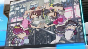 2girls four-finger_heart_hands black_hair black_skirt blue_sky bow brown_eyes cloud day double_bun drill_hair footwear_bow game_cg hair_bow hair_bun heart heart_hands heart_hands_duo highres kandagawa_jet_girls lamppost looking_at_viewer lower_teeth_only mary_janes multiple_girls naruko_hanaharu necktie non-web_source official_art open_mouth outdoors pan_dina pan_ziyu pink_bow pink_scrunchie pleated_skirt purple_hair purple_sailor_collar purple_shoes purple_skirt railing red_necktie red_shoes ribbon-trimmed_thighhighs ribbon_trim sailor_collar school_uniform screen scrunchie shoes short_sleeves siblings sidelocks single_wrist_cuff sisters skirt sky smile striped_clothes striped_thighhighs teeth thighhighs twins twintails upper_teeth_only wrist_cuffs wrist_scrunchie yellow_bow zettai_ryouiki
