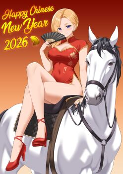 Rule 34 | 1girl, 2026, absurdres, alternate costume, azur lane, bare legs, blonde hair, blue eyes, breasts, china dress, chinese clothes, chinese new year, chinese zodiac, cleavage cutout, clothing cutout, commentary, crossed legs, dress, earrings, english commentary, english text, folding fan, full body, gradient background, hand fan, high heels, highres, holding, holding fan, hood (azur lane), horse, jewelry, long hair, medium breasts, parallelrey, red background, red dress, red shoes, ring, shoes, sitting, sitting on animal, solo, wedding ring, white background, year of the horse