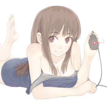 1girl blue_one-piece_swimsuit breasts brown_eyes brown_hair cleavage collarbone commentary computer_mouse feet looking_at_viewer lying mitsukimi on_stomach one-piece_swimsuit original school_swimsuit simple_background smile soles solo swimsuit the_pose toes white_background